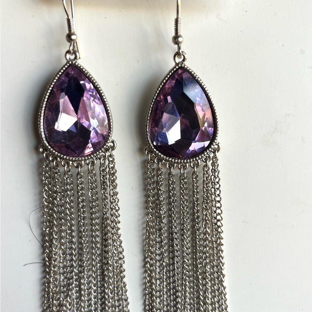 Statement Purple Teardrop Earrings with Silver Chains